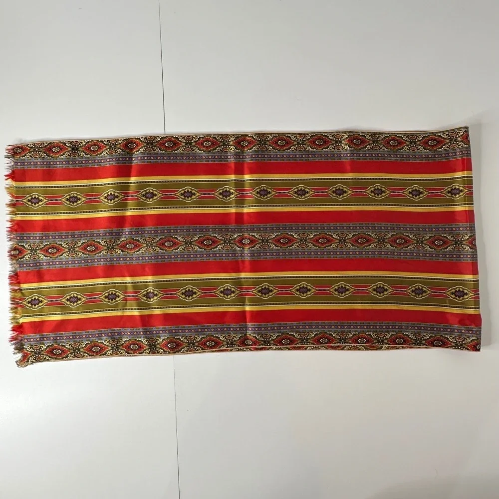 Red‎ Gold Fringed Rectangular Scarf Medallion Striped Silky Wrap 14x60